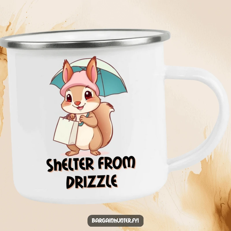 Funny squirrel ready for a camping trip, holding an umbrella, with a shopping bag hat for essentials.