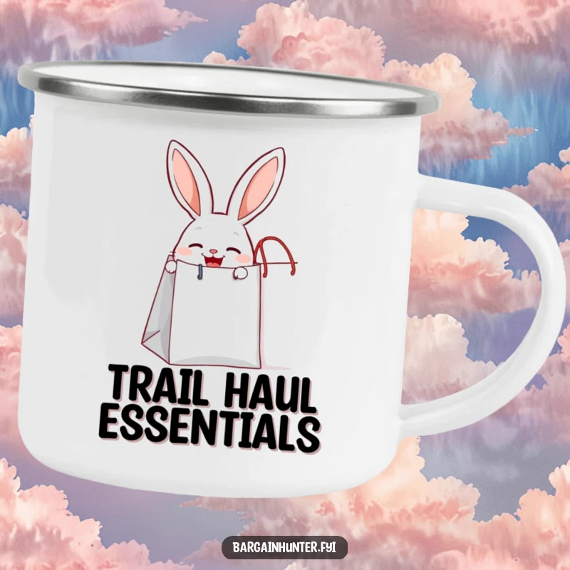 Funny joyful rabbit peeking out from a giant shopping bag, a durable camping mug for fun adventures.