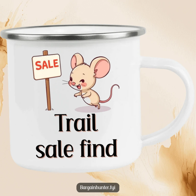 Funny enamel camping mug with a grinning mouse character heading towards a sale sign, a humorous outdoor accessory.