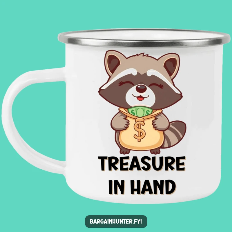 Funny Winking Raccoon Money Bag Camping Mug: Adventures with a Hilarious Financial Twist!