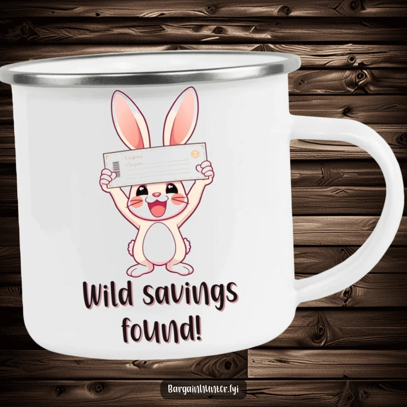 Funny bunny camping mug with a joyful bunny holding a giant coupon triumphantly.