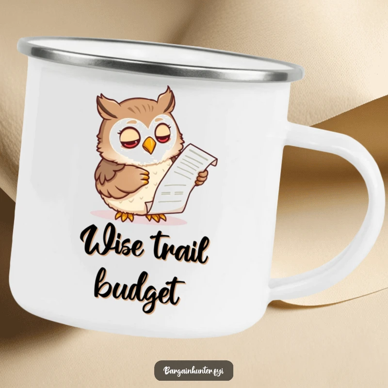 Funny camping mug with a wise owl character examining a shopping receipt with a knowing expression, perfect for outdoor enjoyment and smart humor.
