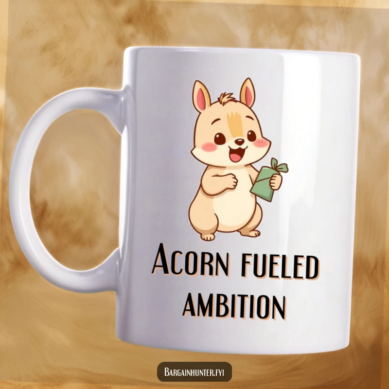 Funny squirrel mug showing a happy squirrel character excitedly trading a small item for a much larger one, conveying cleverness.