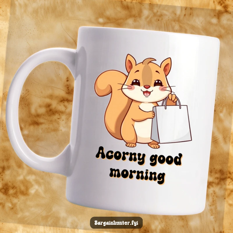 Funny happy squirrel holding a shopping bag, showcasing cute and relatable animal enthusiast humor.