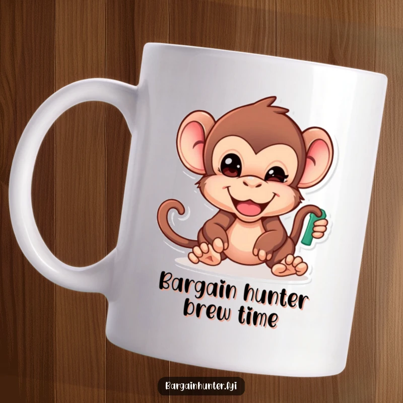 Funny Monkey Mug: Cheeky primate with determined face reaching for the lowest priced item, perfect for a funny gift.