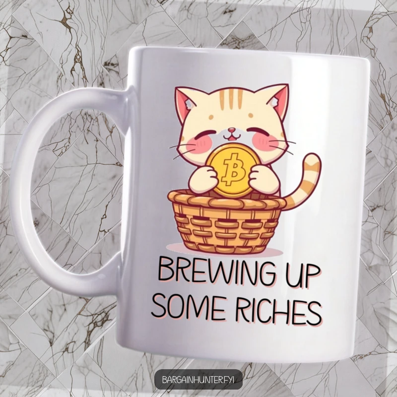 Funny mug: a proud cat dives headfirst with a giant coin towards a treasure basket.
