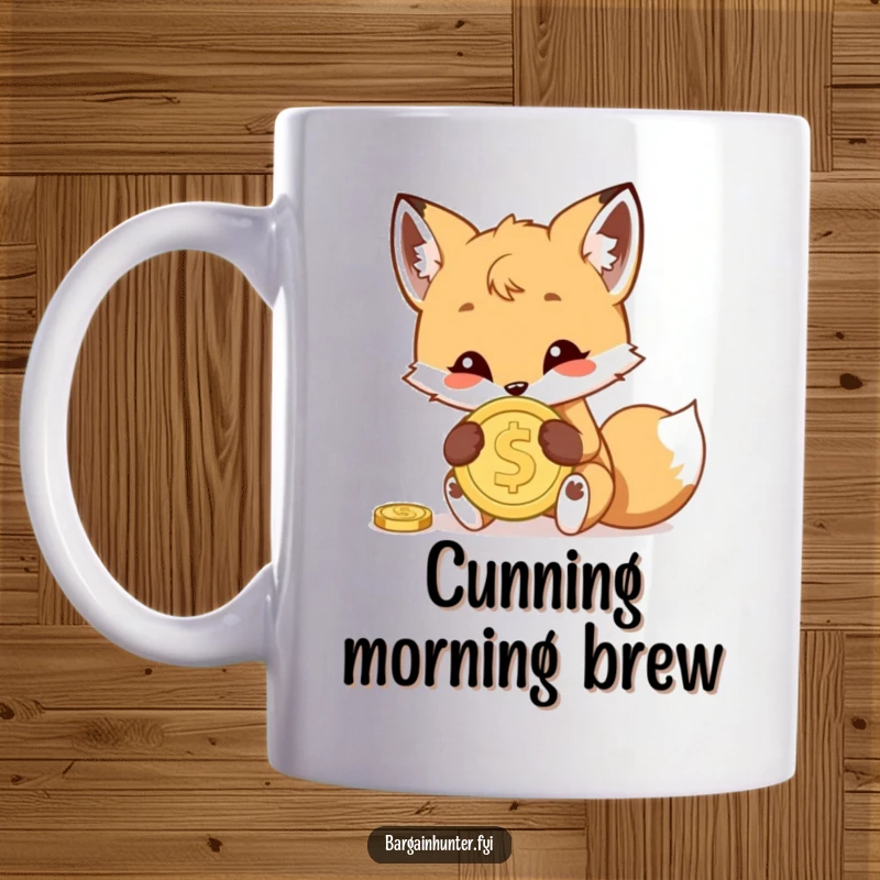 Funny mug with a cunning fox cub peeking out, playfully concealing a shiny coin, embodying playful mischief and treasure hunting.