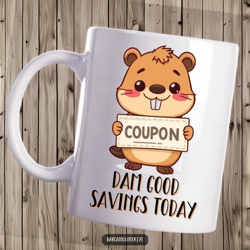 Funny happy beaver holding a coupon with a wide grin on a ceramic coffee mug, radiating excitement for deals.