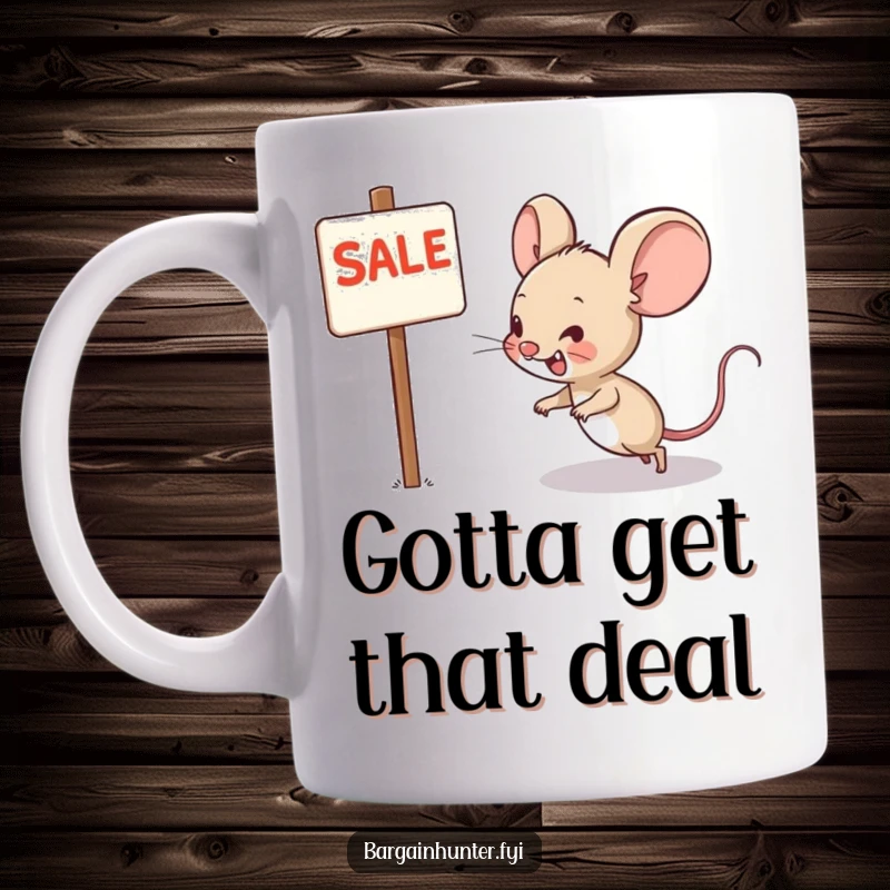 Funny mug featuring a grinning mouse character scurrying towards a sale sign, embodying the joy of bargain hunting.