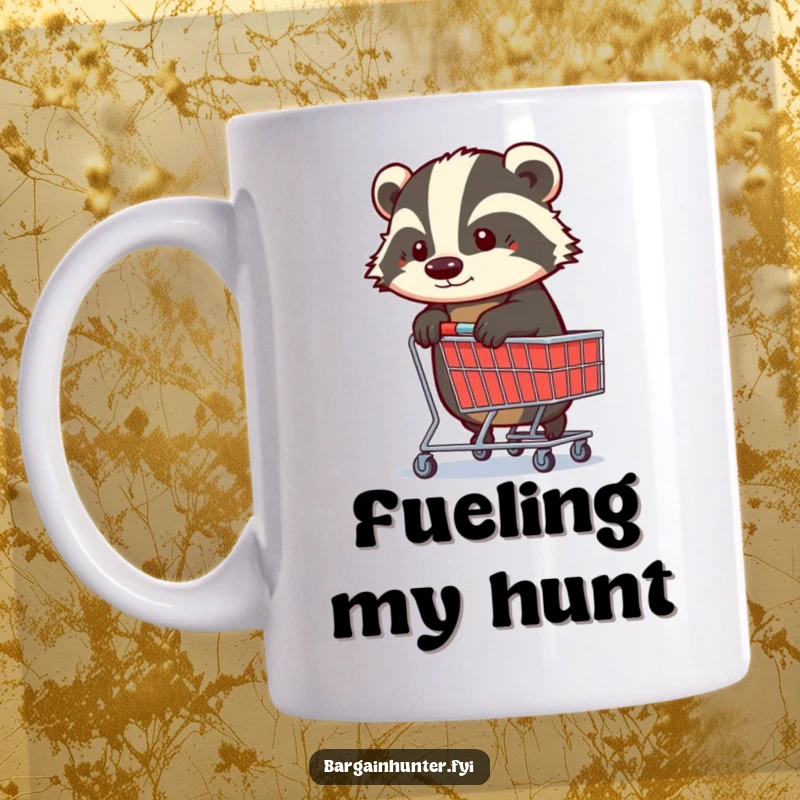 Funny Badger Mug: A determined badger fiercely clutches a shopping trolley, ready to conquer any shopping mission.