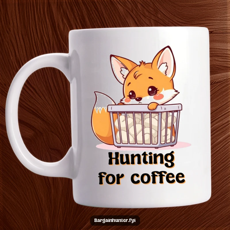 A funny fox character curiously peering into a bargain bin, depicted on a coffee mug.