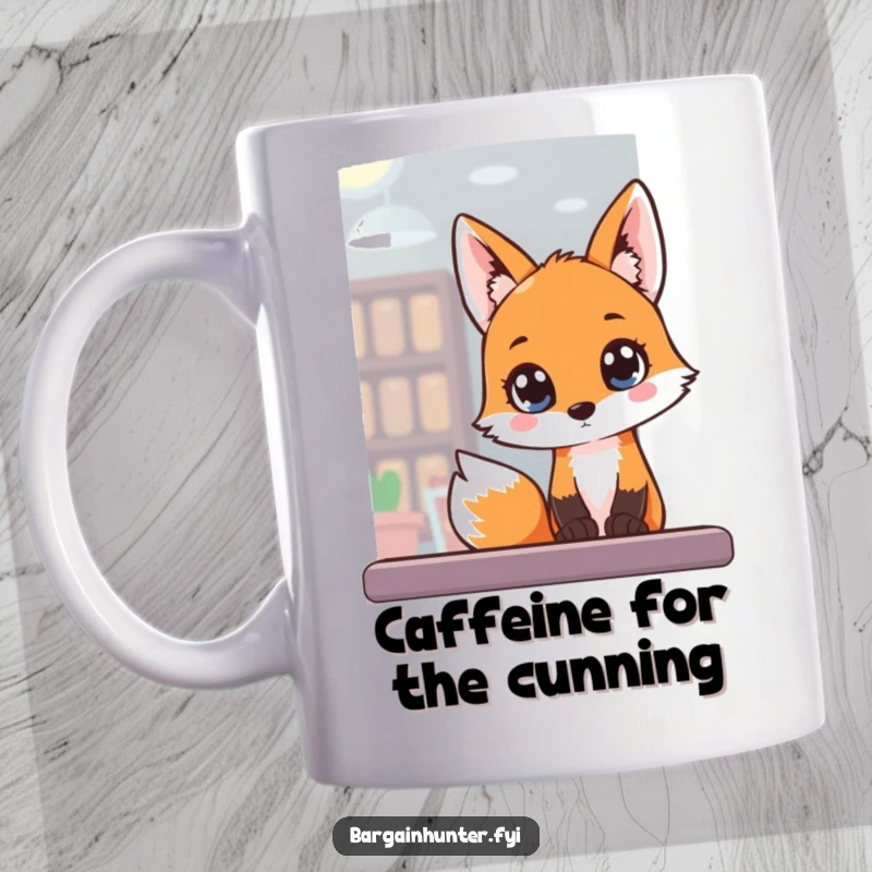 Funny Mug depicting a fox peeking into a store window with wide, eager eyes, full of wonder.