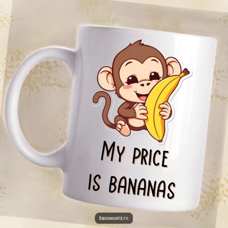 Funny monkey mug with a playful character attempting to haggle over the price of a single banana, showcasing humorous bartering.
