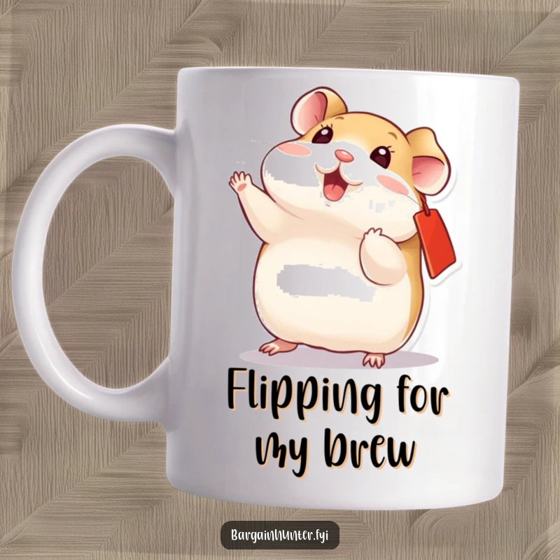 Funny playful hamster with a red ear tag, doing a dynamic flip, a humorous and energetic mug.
