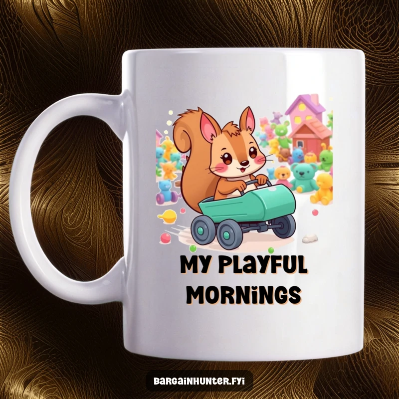 Funny playful squirrel mug with a tiny cart, energetically racing through a field of colorful toys, brimming with joy.