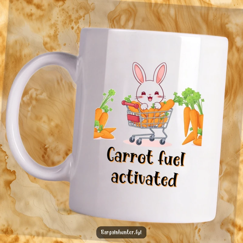 Funny rabbit gleefully pushing a shopping cart overflowing with delicious carrots.