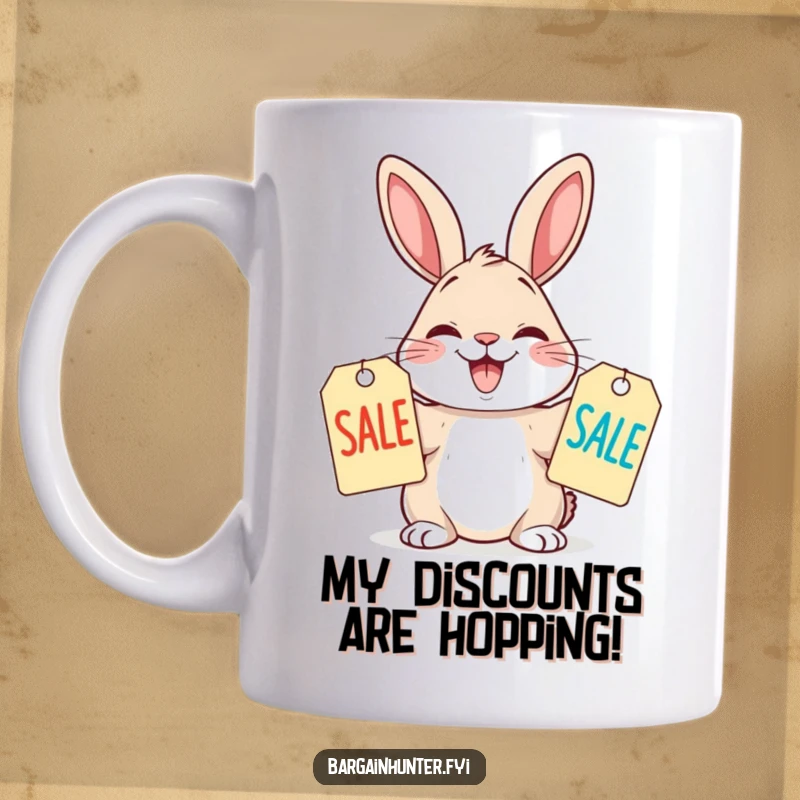Funny Mug featuring a grinning rabbit comparing two sale tags, showing excitement for shopping deals and discounts.