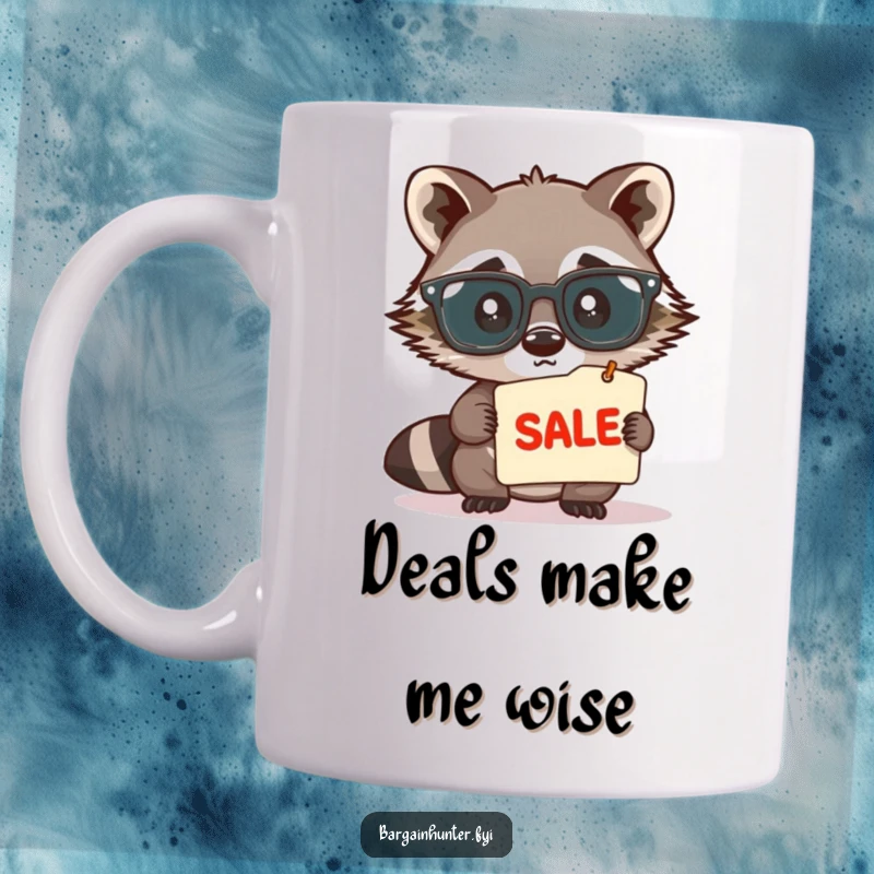 Funny, cute raccoon wearing large spectacles, peering intently at a sale tag, depicted on a humorous mug, ideal for bargain hunters.