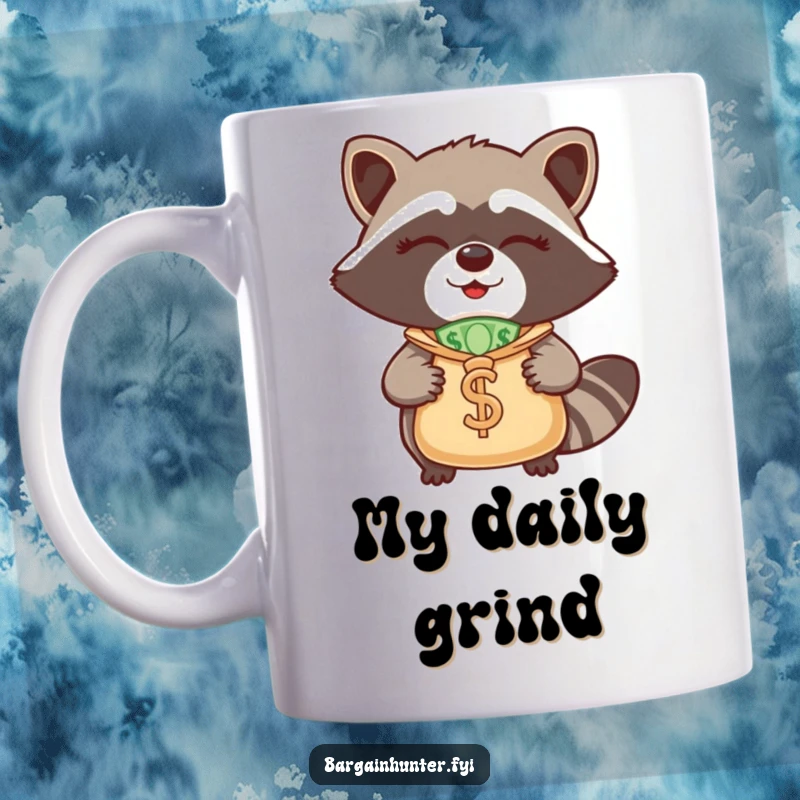 Funny Raccoon Mug: A winking raccoon gleefully holds a bulging money bag, symbolizing financial ambition and humor.