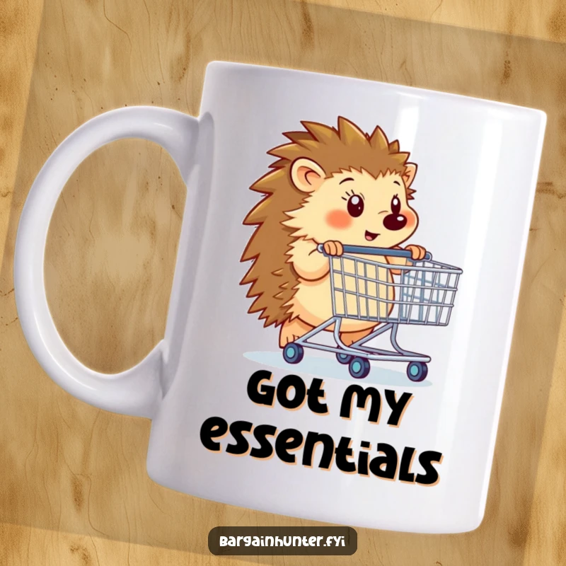 Funny hedgehog pushing a giant shopping cart, determined expression, hilarious retail therapy mug design.