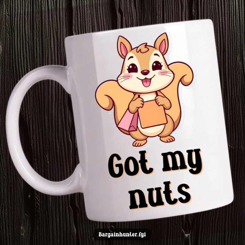 A funny squirrel character holding a shopping bag and smiling gleefully, depicted on a coffee mug.