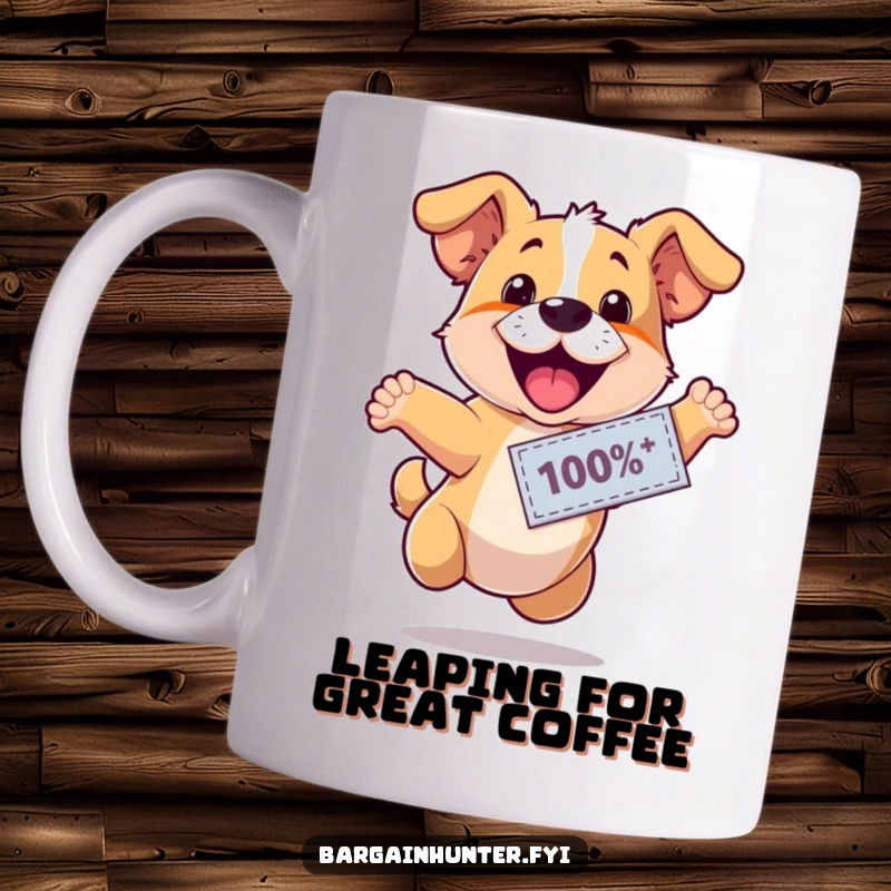 Funny, happy dog wearing a discount coupon, leaping with excitement, depicted on a cheerful mug, ideal for dog lovers and bargain hunters.