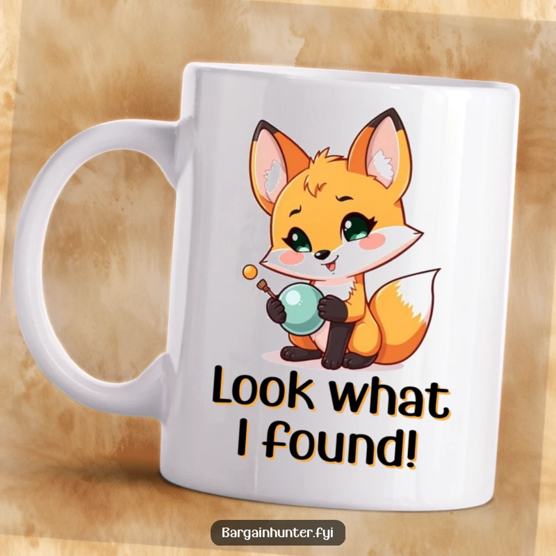 Funny Fox Treasure Mug: A proud fox beams while displaying a newly discovered shiny object, radiating pure joy.