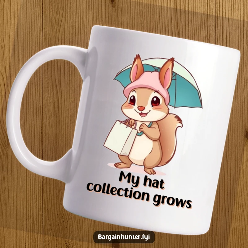 Funny squirrel wearing a shopping bag hat and holding an umbrella, ready for a whimsical shopping adventure.