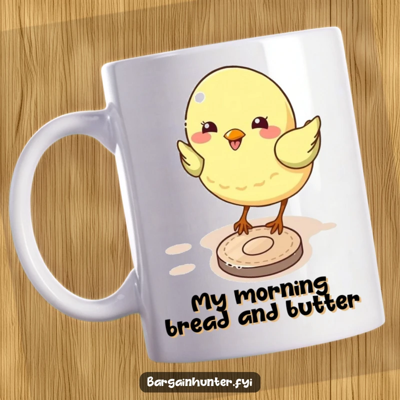 Funny bird mug illustration of a cheerful bird happily pecking at a shiny fallen coin, symbolizing good fortune and morning joy.