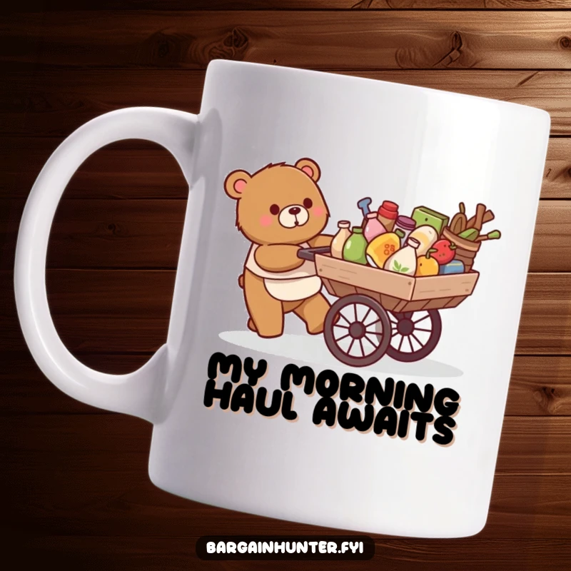 Funny mug: a happy bear pushes a cart overflowing with various goods with a cheerful expression.
