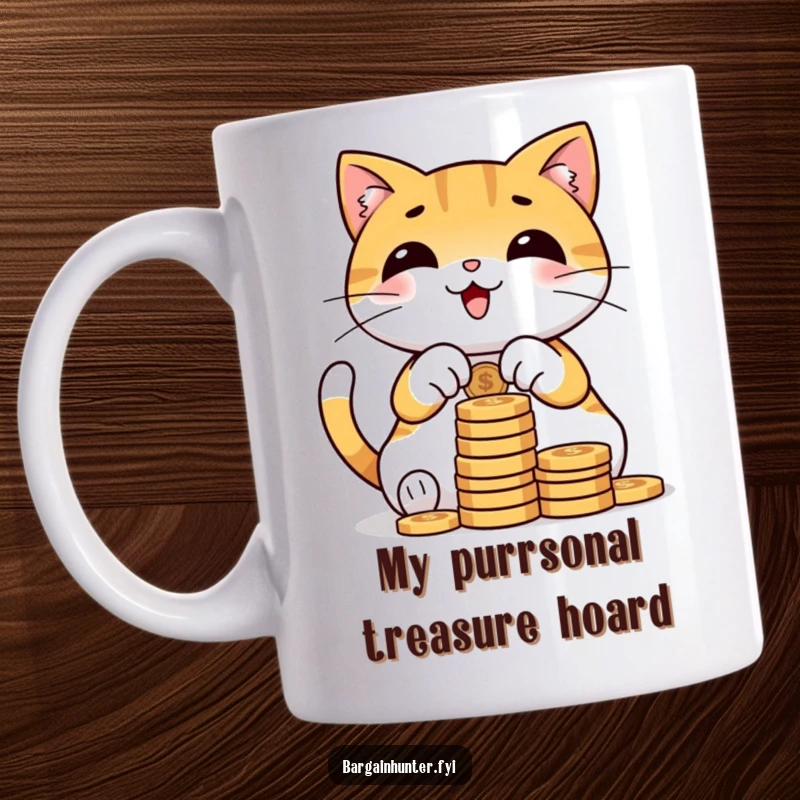 Funny cat mug with a happy character joyfully counting a large stack of coins, symbolizing wealth and financial success.