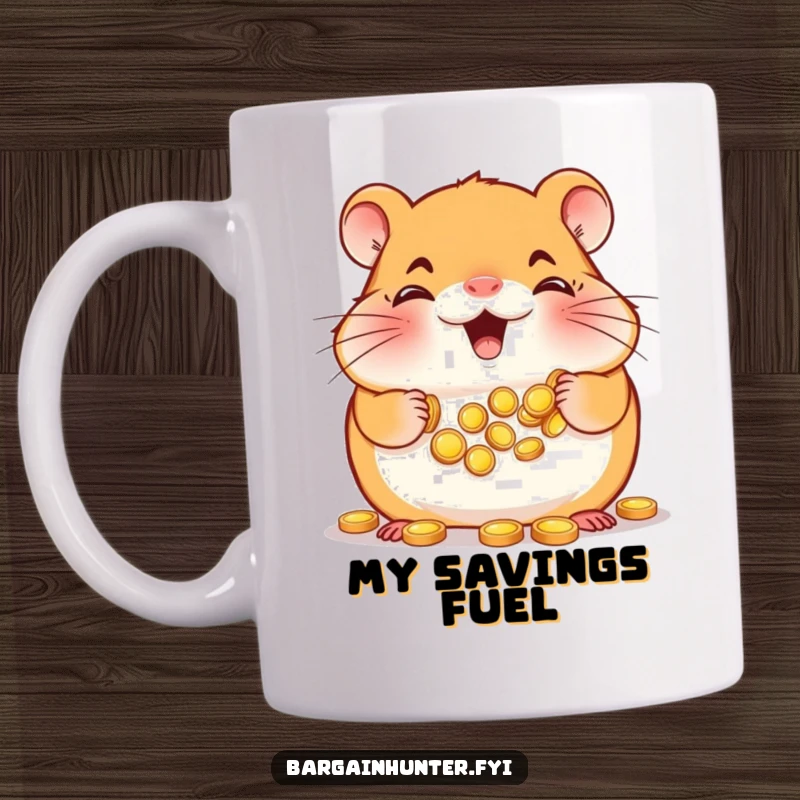 Funny Hamster Mug: Happy hamster with full cheeks, gathering tiny gold coins, perfect for a funny savings gift.