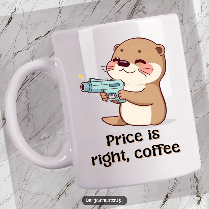 Funny giggling otter mug holding a tiny price gun, aiming it playfully like a seasoned shopper on a spree.
