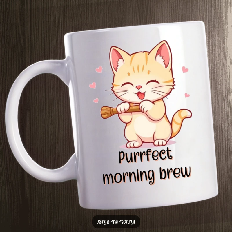 Funny Sweet Kitten Mug featuring a playful kitten batting at a dangling discount price, capturing a moment of cute bargain hunting.