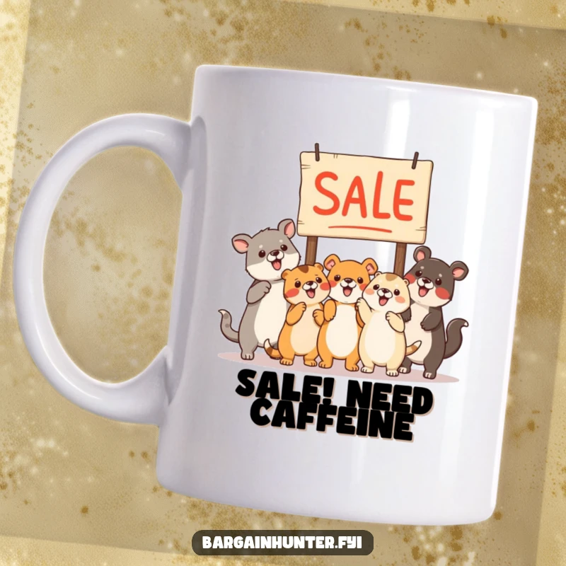 Funny group of animals pointing excitedly at a giant sale sign, celebrating discounts, cheerful mug design.
