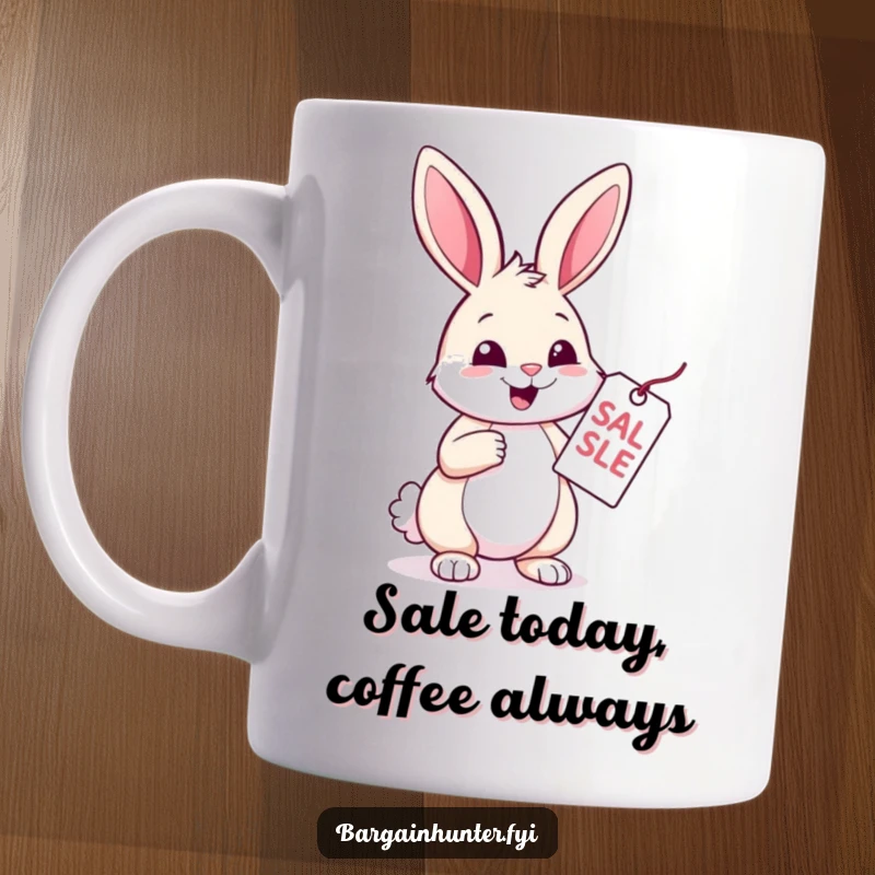 Funny Rabbit Mug: A cheerful rabbit inspects a sale tag with glee, eyes sparkling. Humorous design for bargain hunters and gift-givers.