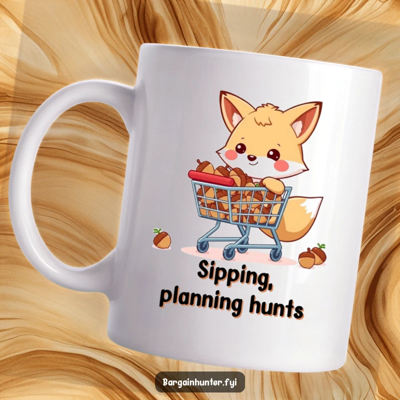 Funny happy fox with a shopping cart full of acorns, a cheerful and humorous mug.