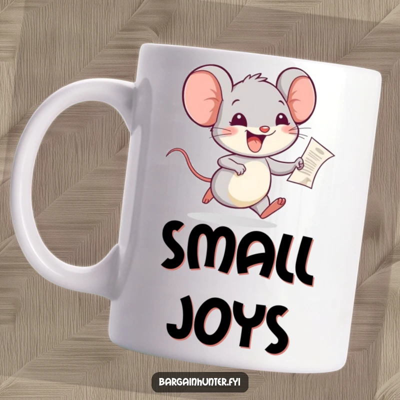 Funny Mouse Mug: A joyful mouse gleefully runs with a tiny receipt, symbolizing happy finds and small excitements.