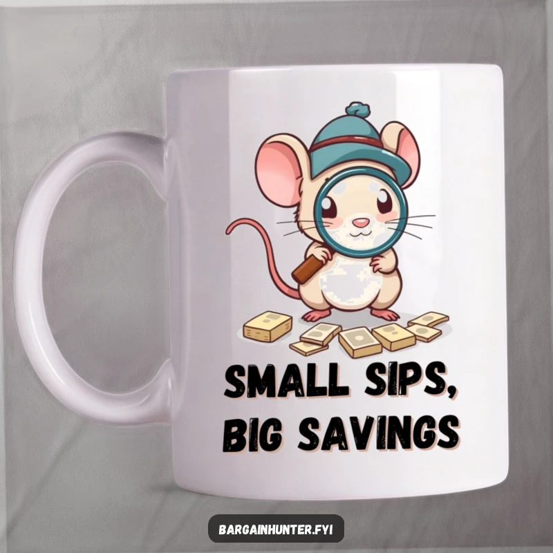 Funny Mug featuring a mouse in a tiny hat using a magnifying glass to hunt for deals.