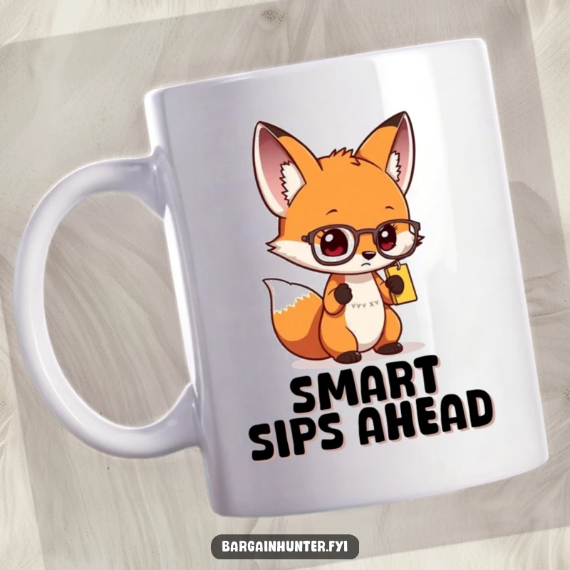 Funny curious fox mug with spectacles, intensely examining a price tag, embodying a shrewd and witty shopper.