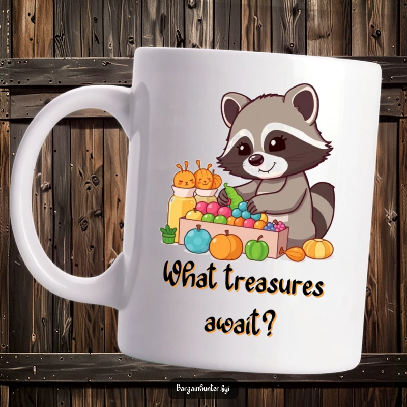 Funny Raccoon Collector Mug: A cheerful raccoon happily sorts through a colorful display of various items, looking delighted.