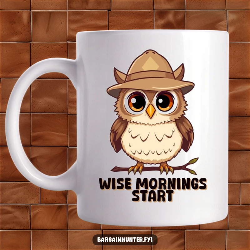 Funny Bargain Hunter Owl Mug featuring a curious owl in a hat, skillfully spotting a hidden deal with a witty expression.