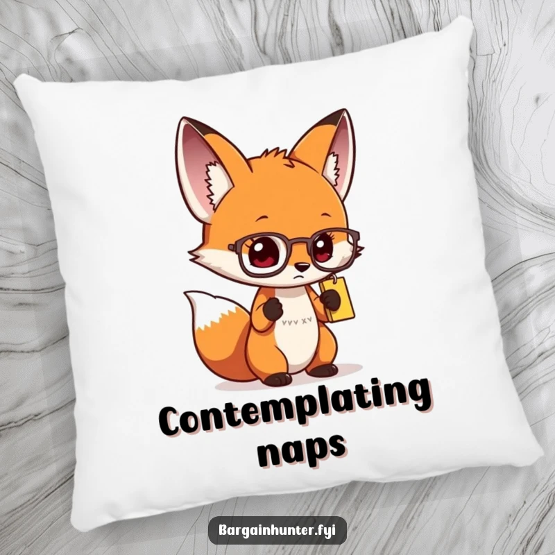 Funny curious fox pillow with spectacles, intensely focused on a price tag, offering cozy contemplation and humor.