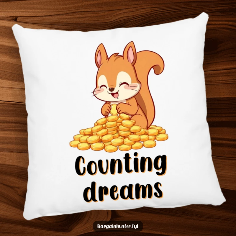 Funny pillow featuring an excited squirrel character counting shiny coins, a humorous and comfortable decorative item.