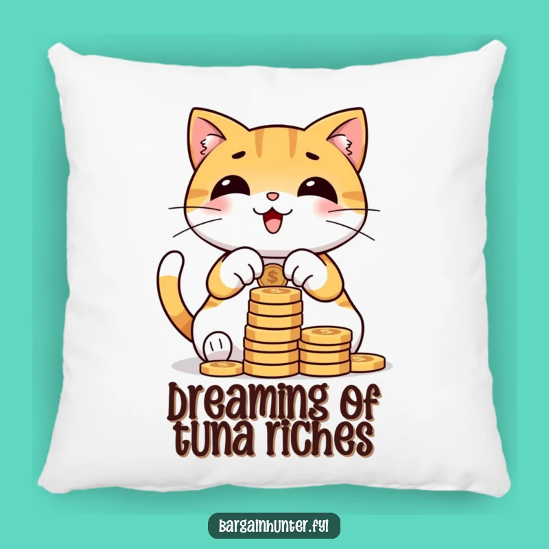 Cozy Funny Cat Counting Coins Pillow: Rest Your Head on Riches