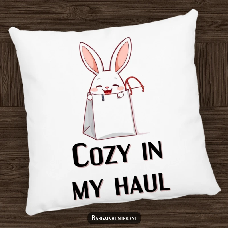 Funny joyful rabbit peeking out from a giant shopping bag, a soft pillow for cute and cozy moments.