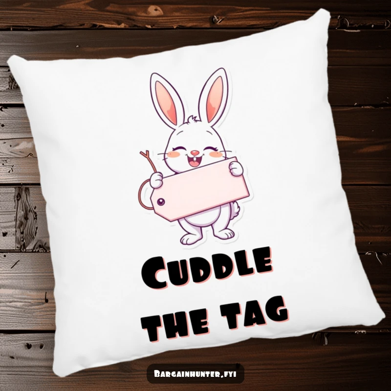 Funny Enthusiastic Bunny Pillow with a bunny holding a giant tag and smile, offering comfort and infectious cheer.