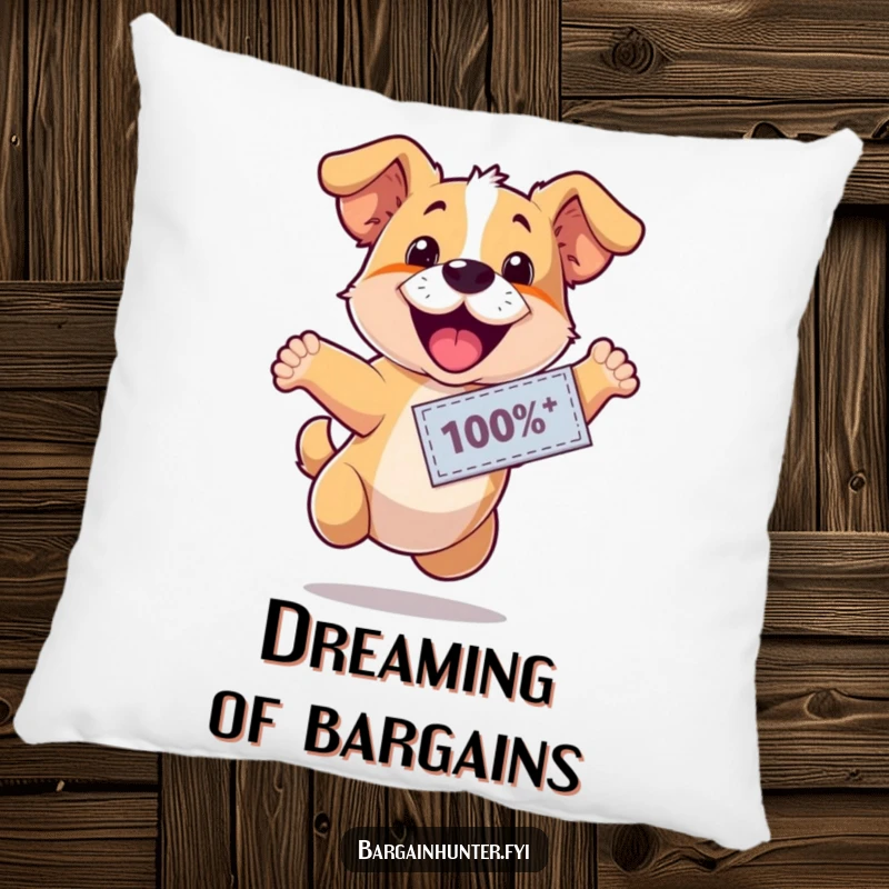 Funny, happy dog wearing a discount coupon, leaping with excitement, printed on a plush pillow, creating a humorous and cozy accent.