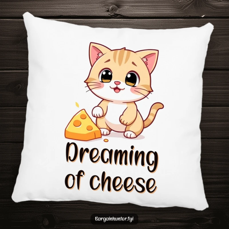 Funny Cat Pillow: Soft cushion featuring an expressive cat character attempting to grab a fallen piece of cheese, radiating humorous delight.