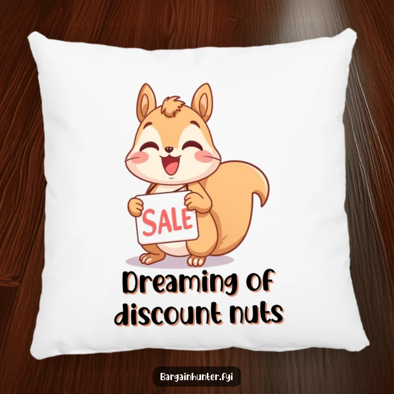 Funny squirrel pillow with a delighted character holding a sale tag, offering comfort and humorous decor for sale enthusiasts.